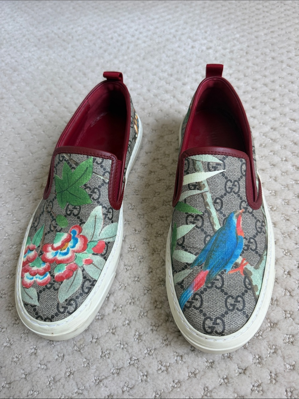 Gucci Floral & Bird Canvas Slip-On Sneakers - Burgundy Trim